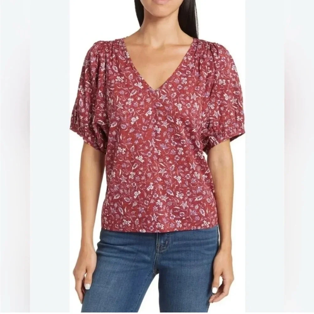 Madewell V-Neck Puff Sleeve‎ Top Batik Vine Weathered Brick Size XS